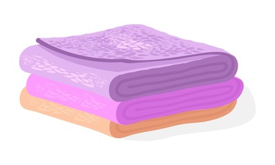 Obraz na płótnie Canvas Pile of orange, pink, violet soft terry towels for hair, face, hands, body, floor. Bathroom or washroom accessories for home, hotel, wellness center, spa club. Vector cartoon illustration on white.