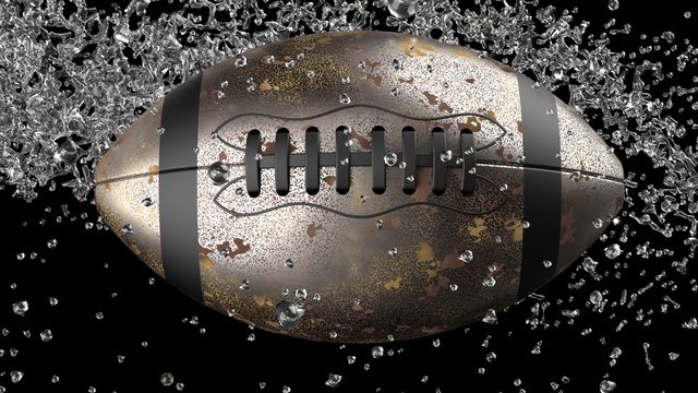 Roasted Metallic American Football Ball with Water Particles. 3D illustration. 3D high quality rendering.