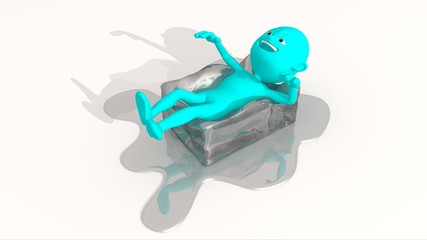 3D cyan character suffers heat and lies on a big ice cube that melts to cool him down