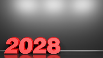 2028 red write at black glossy wall background - 3D rendering illustration - obrazy, fototapety, plakaty