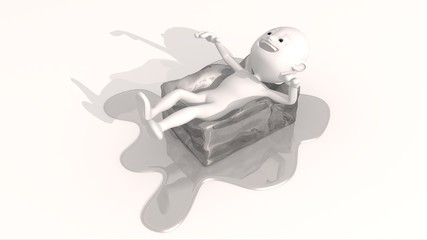 3D white character suffers heat and lies on a big ice cube that melts to cool him down