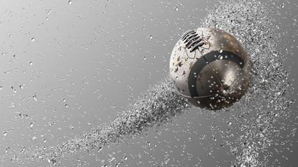 Roasted Metallic American Football Ball with Water Particles. 3D illustration. 3D high quality rendering.