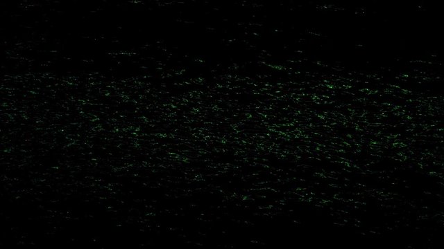 Blurred green lights reflected on water surface with ripples in the dark night. Concept. Close up of colorful river surface with small waves.