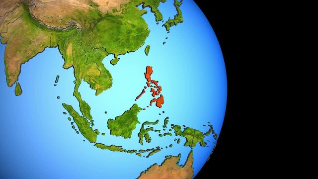 Closing in on Philippines on political 3D globe with topography. 3D illustration.