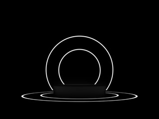 pedestal, glowing line frames, neon lights, round portal, cylinder steps, abstract minimal concept, blank space, simple clean design, luxury minimalist mockup. 3d render