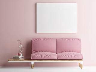 Mock up poster with pink sofa, Pink wall background, 3d render, 3d illustration