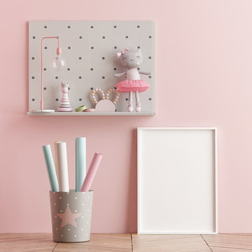 Mock up poster in children corner, pink background, 3d render, 3d illustration