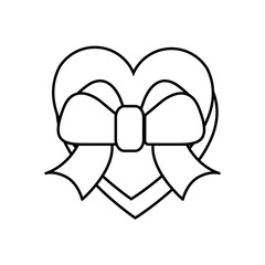 Black and white linear simple icon of a beautiful gift box in the form of a heart with a bow and a ribbon for the holiday of love Valentine's Day or March 8. Vector illustration