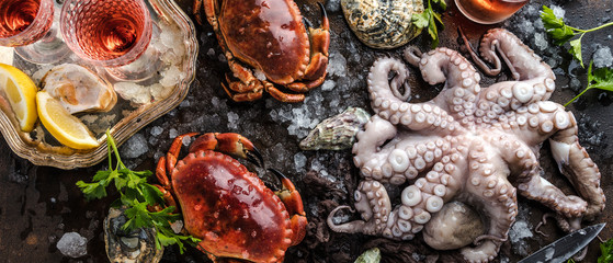 Assortment of seafood with raw fresh octopus gourmet dinner background, oysters and with red edible...