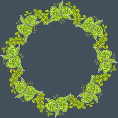Easter background greeting card of gray color with a round frame, green eggs, flowers, vector with place for text