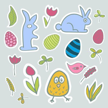 Set of easter stickers, hares, eggs, flowers vector illustration