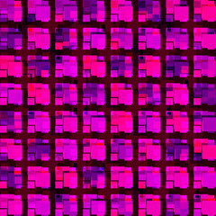 Volumetric design of violet intersecting squares and pink blocks.