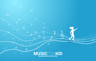 Vector silhouette of girl running with dancing flow shape music note . Concept background music for kid and children.