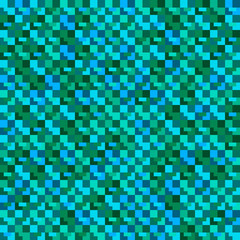 Interweaving mosaic of green intersecting squares and light blue blocks.
