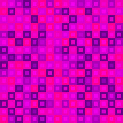 Chaotic mosaic of pink intersecting squares and violet blocks.