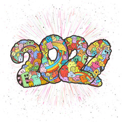 New year 2021. Monster doodle date. Ornate holiday symbol.