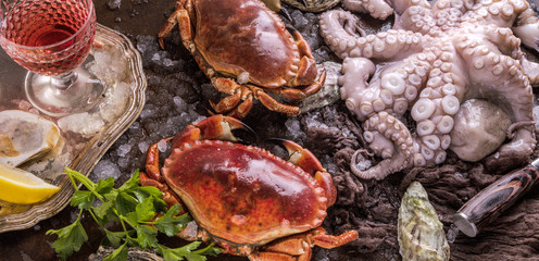 Assortment of seafood with raw fresh octopus gourmet dinner background, oysters and with red edible crab