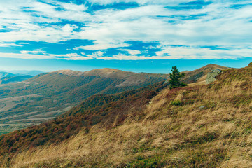 Eastern European Carpathian mountains ridge picturesque season landscape scenic view highland windy environment space with cloudy blue sky background