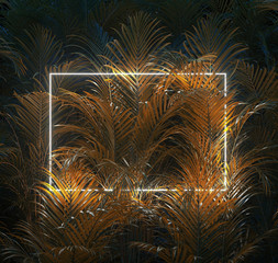 Minimal nature concept. Creative layout made of tropical leaves with neon frame. Flat lay.