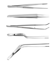 Set of tweezers. Long serrated angled tweezers, anatomical forceps, dental straight surgical pincers, curved tweezers, bayonet pincette. Manual surgical instrument. Isolated objects. Vector