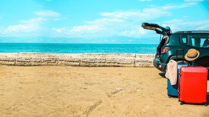 Summer car on beach and free space for your decoration 