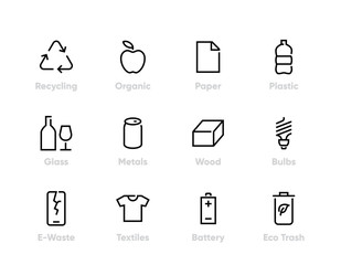 Recycling vector icons. Sorting Garbage, Reclamation, Trash Types. Editable line set
