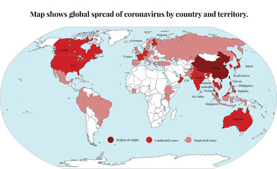 Distribution of 2019-nCoV cases. World map shows global spread of coronavirus by country.