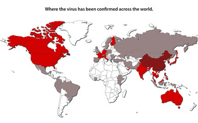 World wap shows where China Coronavirus has been confirmed across the world. Spread of cases 2019-nCoV.
