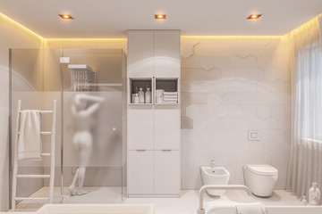 3d illustration of a bathroom in a private house. Interior design in white without textures
