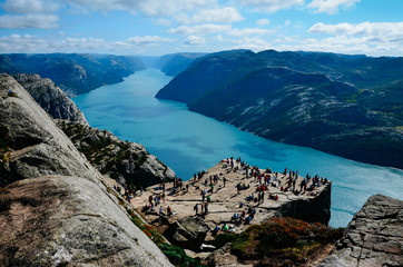Pulpit Rock (Preikestolen) in Norway full of tourist. © creativeforce
