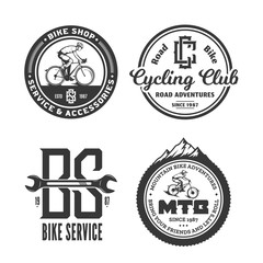 Set of vector black and white bike shop, bicycle service, mountain and road biking clubs and adventures badges