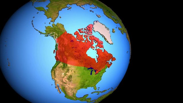 Closing in on Canada on political 3D globe with topography. 3D illustration.