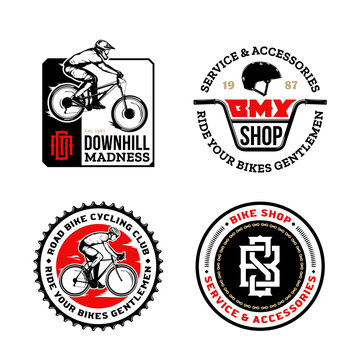 Set of vector black, red and white bike shop, bicycle service, mountain and road biking clubs and adventures badges