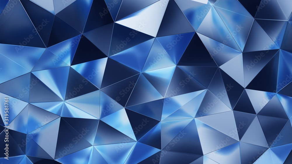 Poster abstract 3d rendering of blue crystal surface. futuristic background with lines and low poly triangl