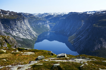 Landscape view during the hike route to famous Trolltunga.