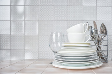 Clean dishes on the kitchen table