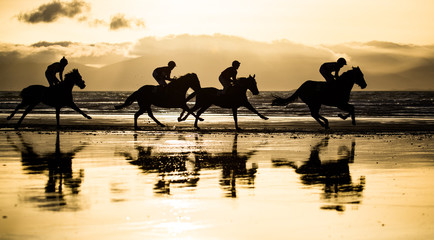 Silhouettes of race horses and jockeys racing on the beach, wild Atlantic way on the west coast of...