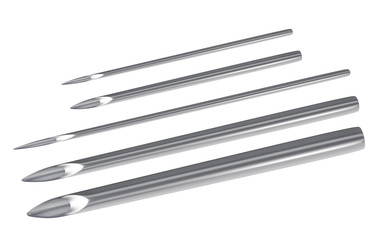 Extreme close-up of Stainless injection needles group, isolated on white background. Many sizes. 3D render illustration. 