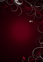 Elegant black and red background with swirls and little leaves and space for your text