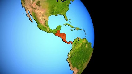 Closing in on Central America on political 3D globe with topography. 3D illustration.