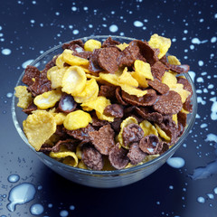 bowl of cornflakes filled with milk.