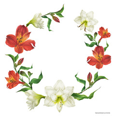 Floral wreath with red and white lily flowers