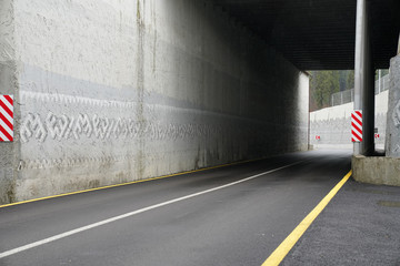 One lane tunnel under a highway bridge with a sharp curve at the end blocking the view of oncoming traffic. There are plenty of warning and caution signs.