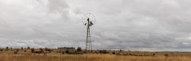 typical farming scene of an old tin wind powered water pump standing tall in an open field full of dry, drought affected grassland, on a cloudy overcast day near Melbourne, Victoria, Australia