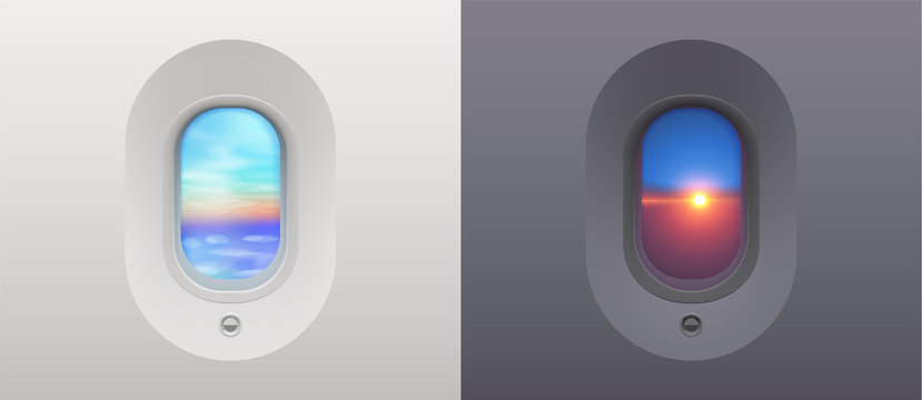 Day and night plane windows views to blue sky and sunset sun, vector porthole illustrations set