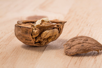 Walnuts isolated on wooden background.