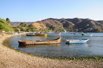 Fototapeta premium Panoramic Taganga fishing and tourist town of Santa Marta - Colombia
