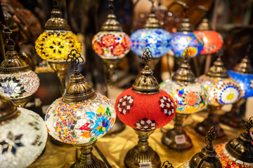 Colorful marble arabic lamp on display, selective focusing
