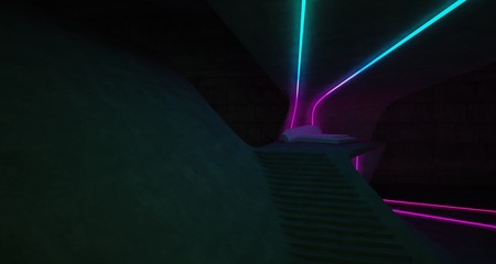 Abstract architectural concrete interior of a minimalist house with colored neon lighting. 3D illustration and rendering.