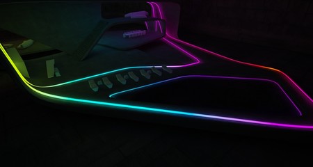 Abstract architectural concrete interior of a minimalist house with colored neon lighting. 3D illustration and rendering.